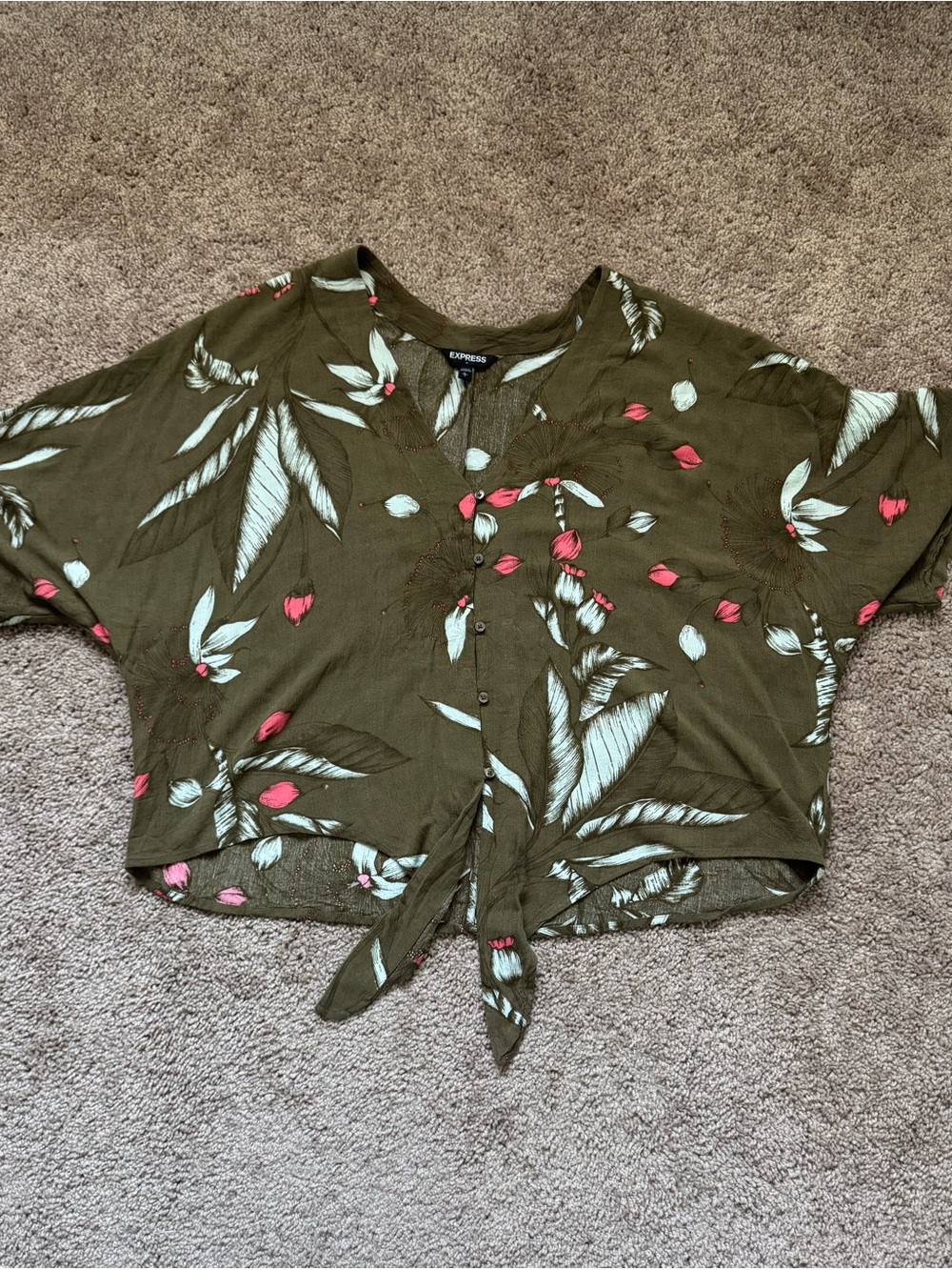 Express Womens L Olive Green Floral Rayon Tie Front Button Down Crop Top V-Neck